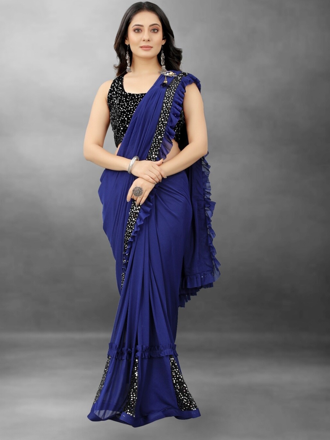 

APNISHA Navy Blue & Black Embellished Sequinned Saree