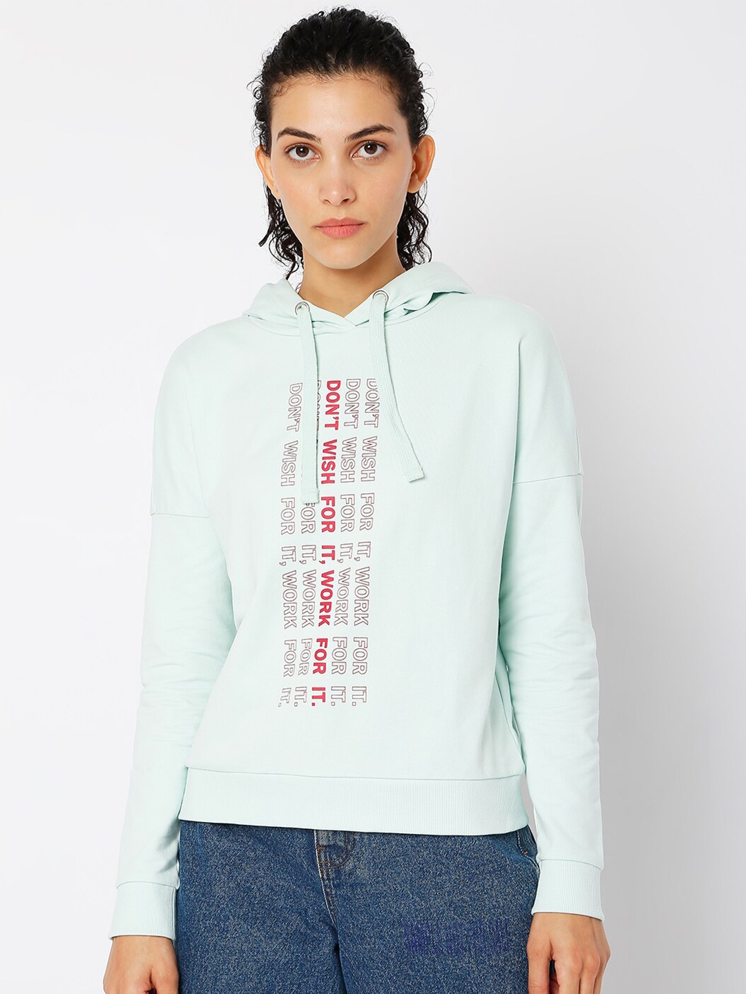 

Vero Moda Women Green Printed Hooded Sweatshirt