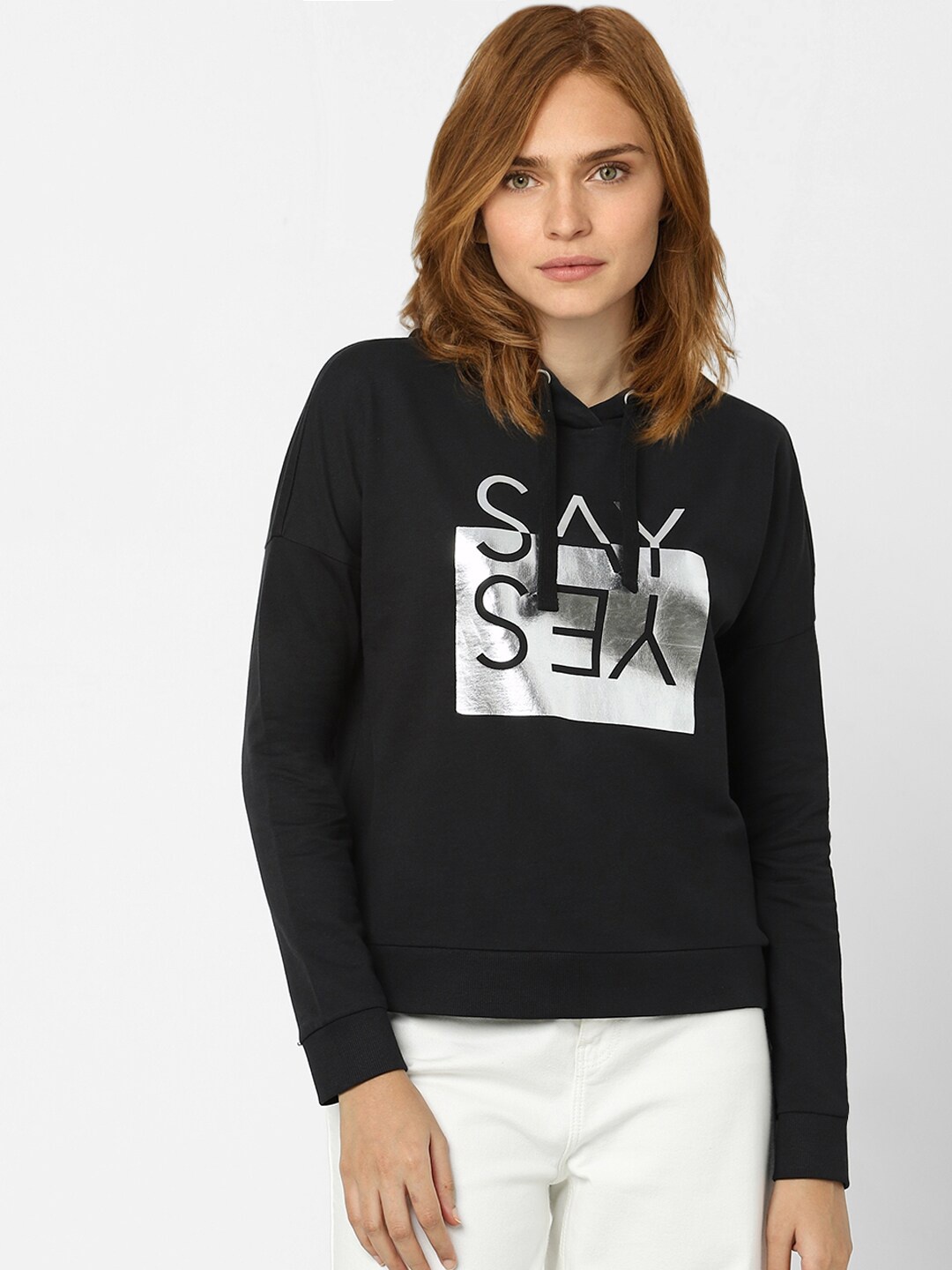 

Vero Moda Women Black Printed Hooded Sweatshirt