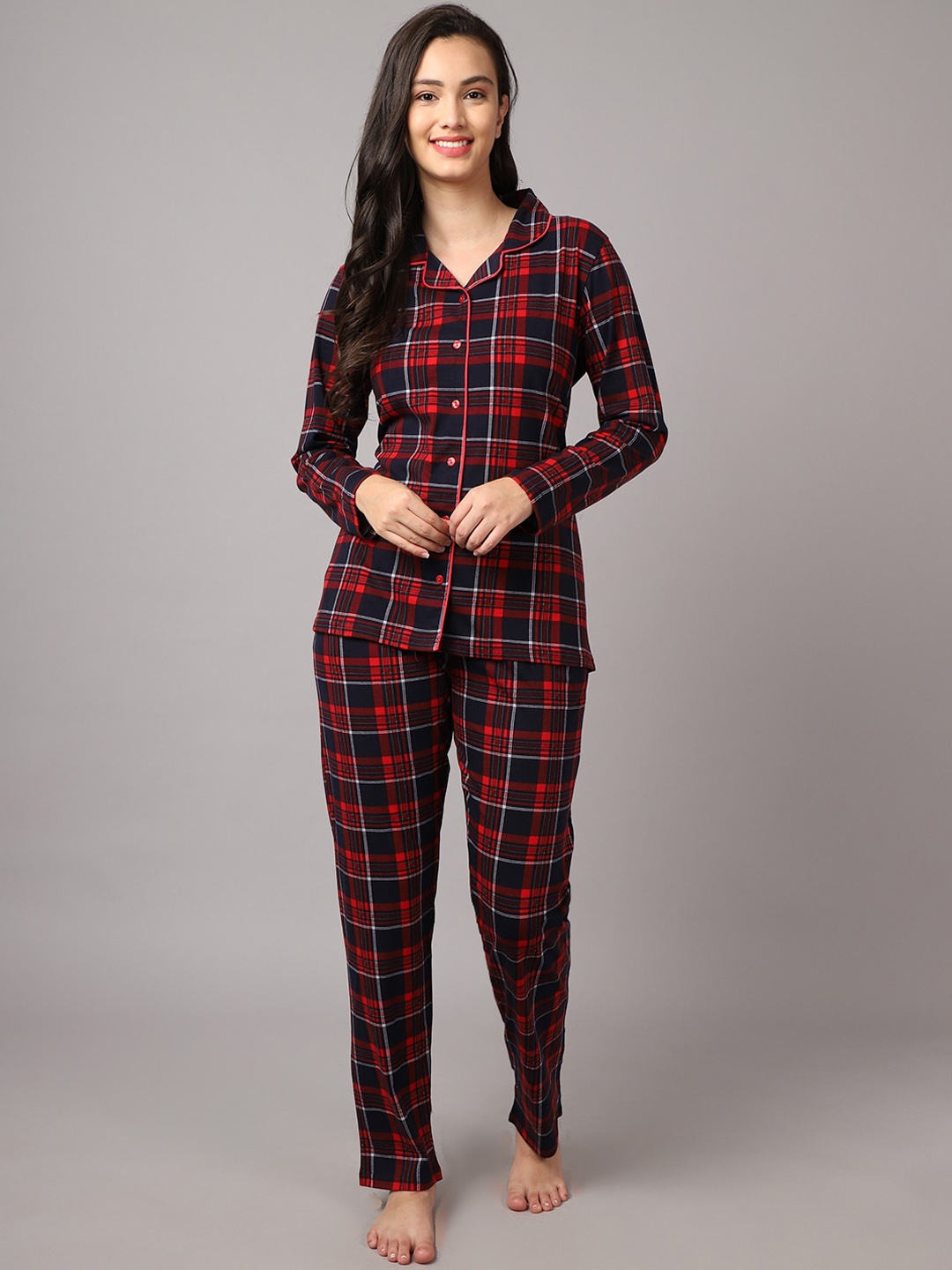 

Kanvin Women Navy Blue & Red Checked Cotton Blend Night suit