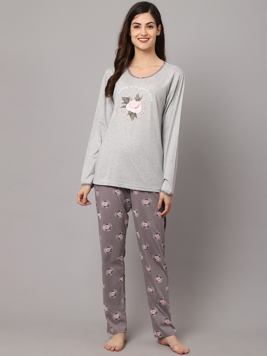 

Kanvin Women Grey & Pink Printed Night suit
