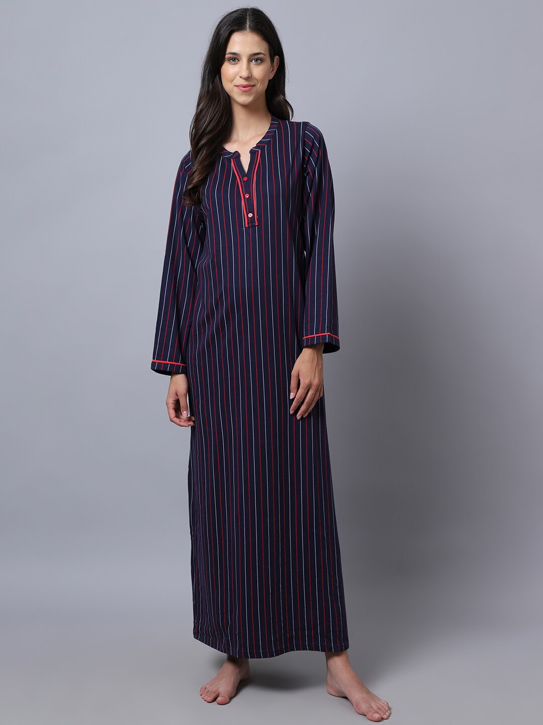

Kanvin Navy Blue Striped Maxi Nightdress