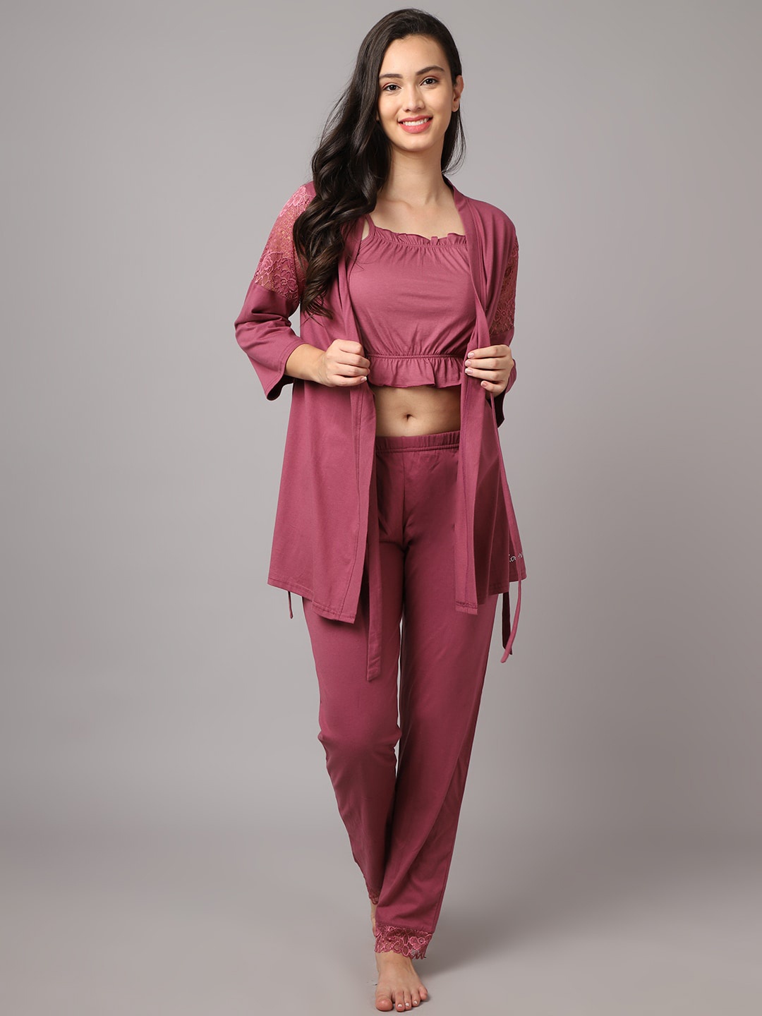 

Kanvin Women Peach Solid Cotton Blend Night suit