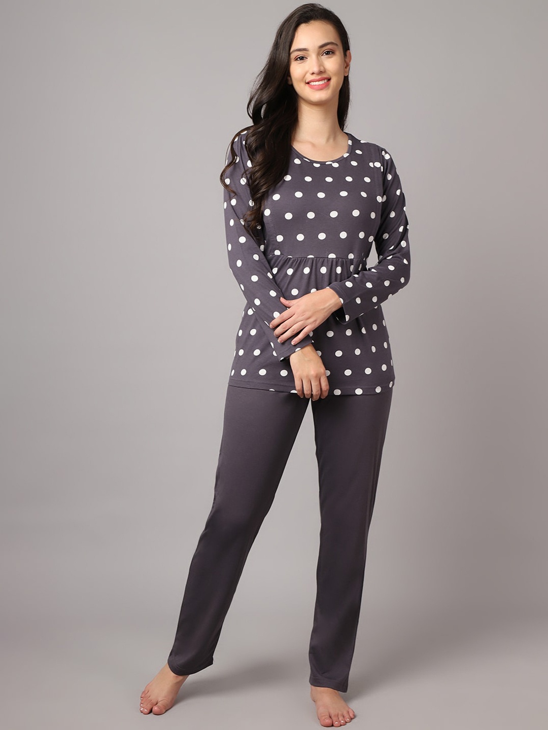 

Kanvin Women Grey & White Printed Cotton Blend Night suit
