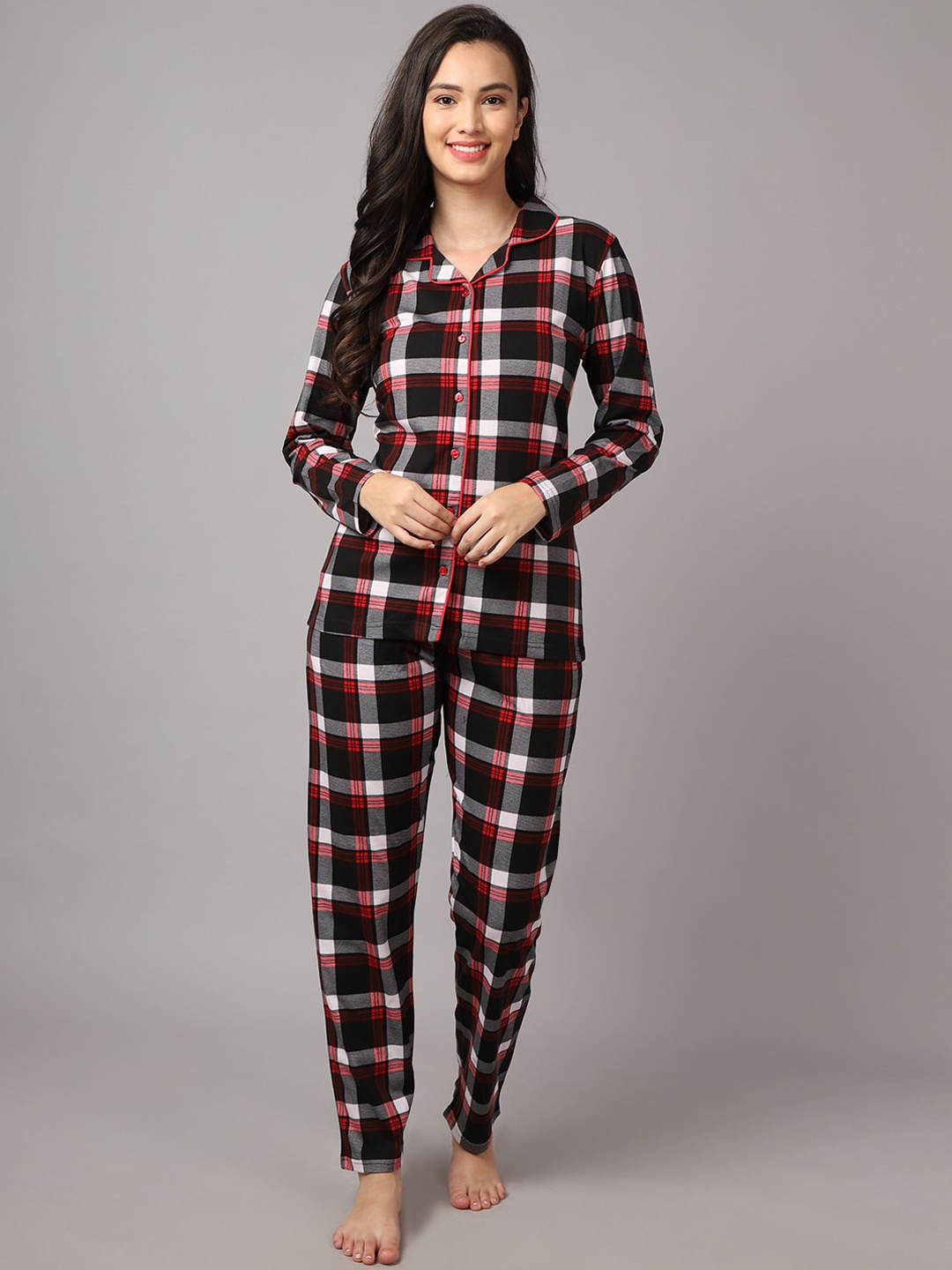 

Kanvin Women Black & Red Checked Cotton Blend Night suit