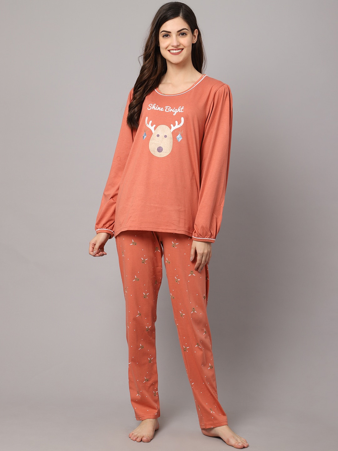 

Kanvin Women Rust & Brown Printed Night suit