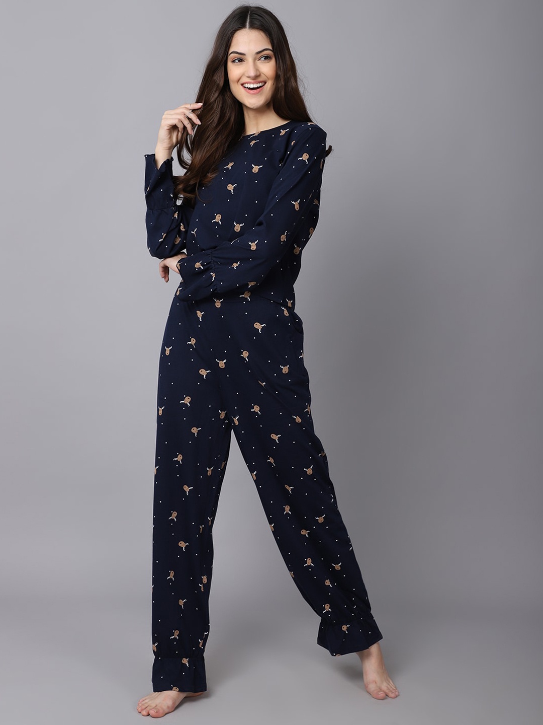 

Kanvin Women Navy Blue & Brown Printed Night suit