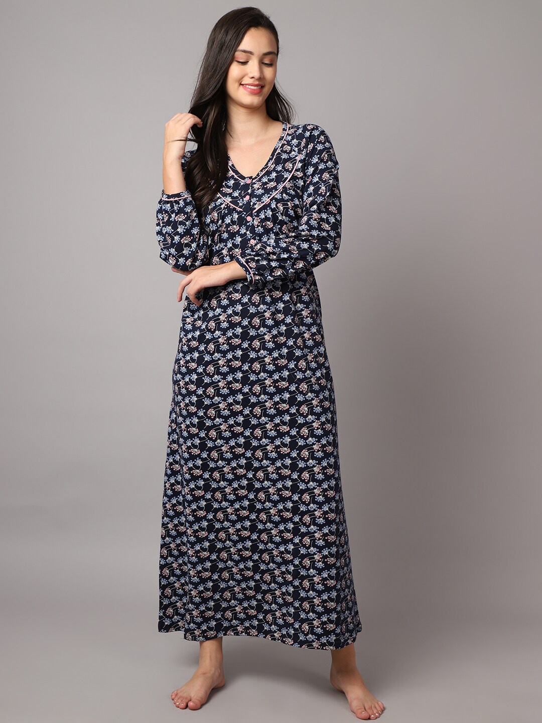 

Kanvin Navy Blue Printed Maxi Nightdress