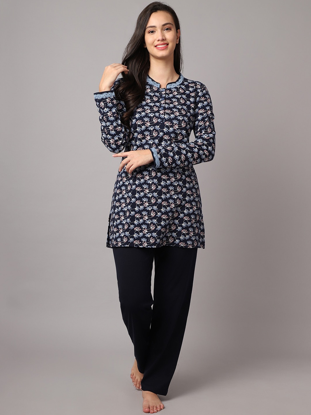 

Kanvin Women Navy Blue & Pink Printed Kurti & Pyjama Night Suit