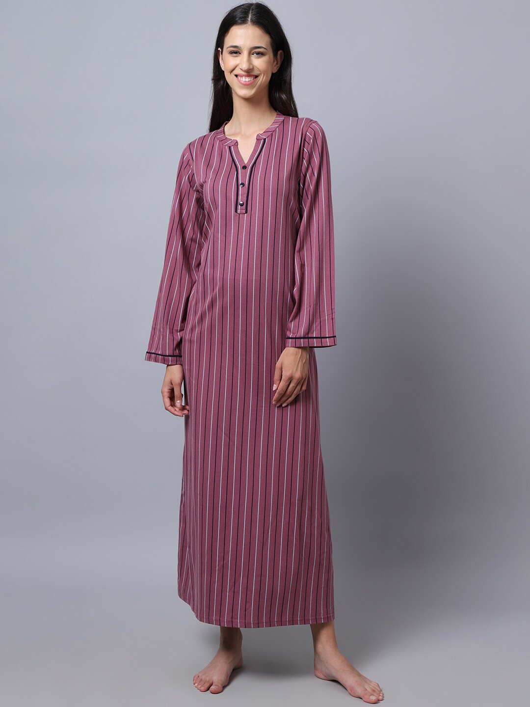 

Kanvin Women Lavender Striped Maxi Nightdress