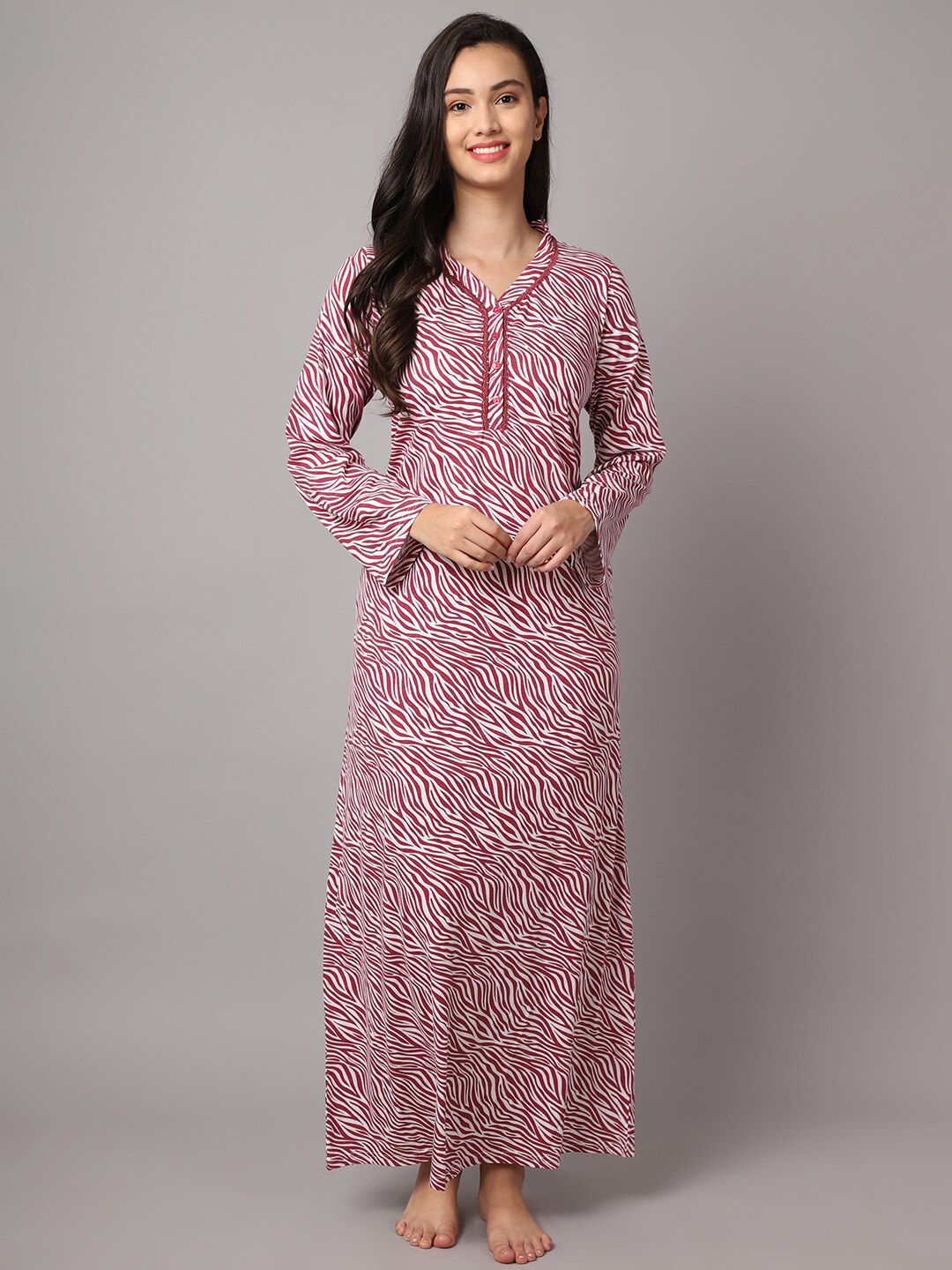 

Kanvin Maroon Printed Maxi Nightdress