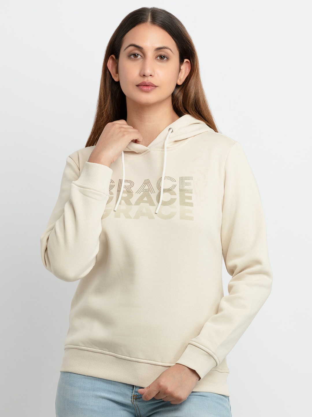 

Status Quo Women Beige Printed Cotton Sweatshirt