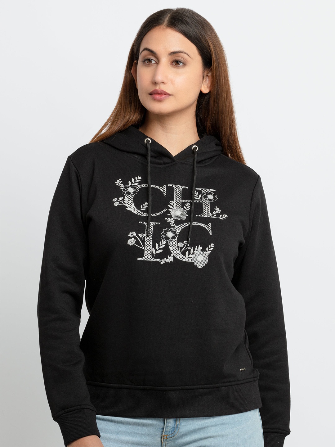 

Status Quo Women Black Printed Hooded Cotton Sweatshirt