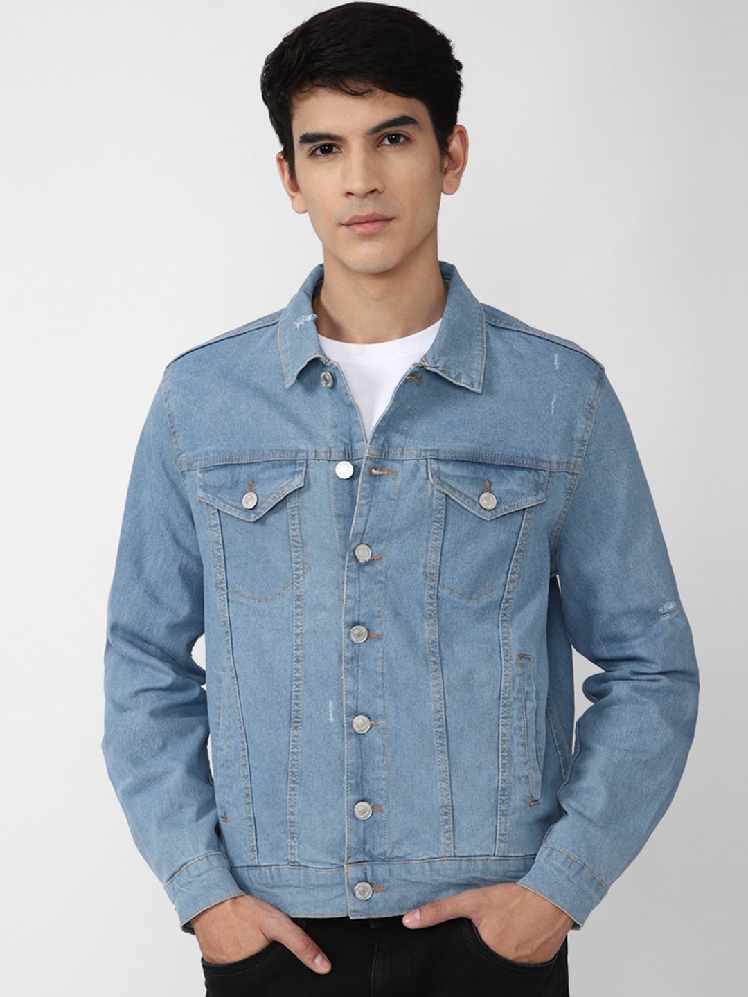 

FOREVER 21 Men Blue Solid Spread Collar Long Sleeves Denim Jacket