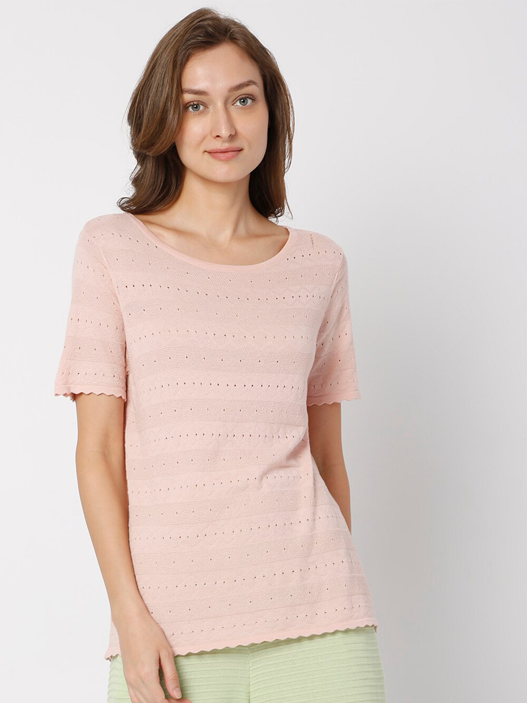 

Vero Moda Women Pink Self Design T-shirt