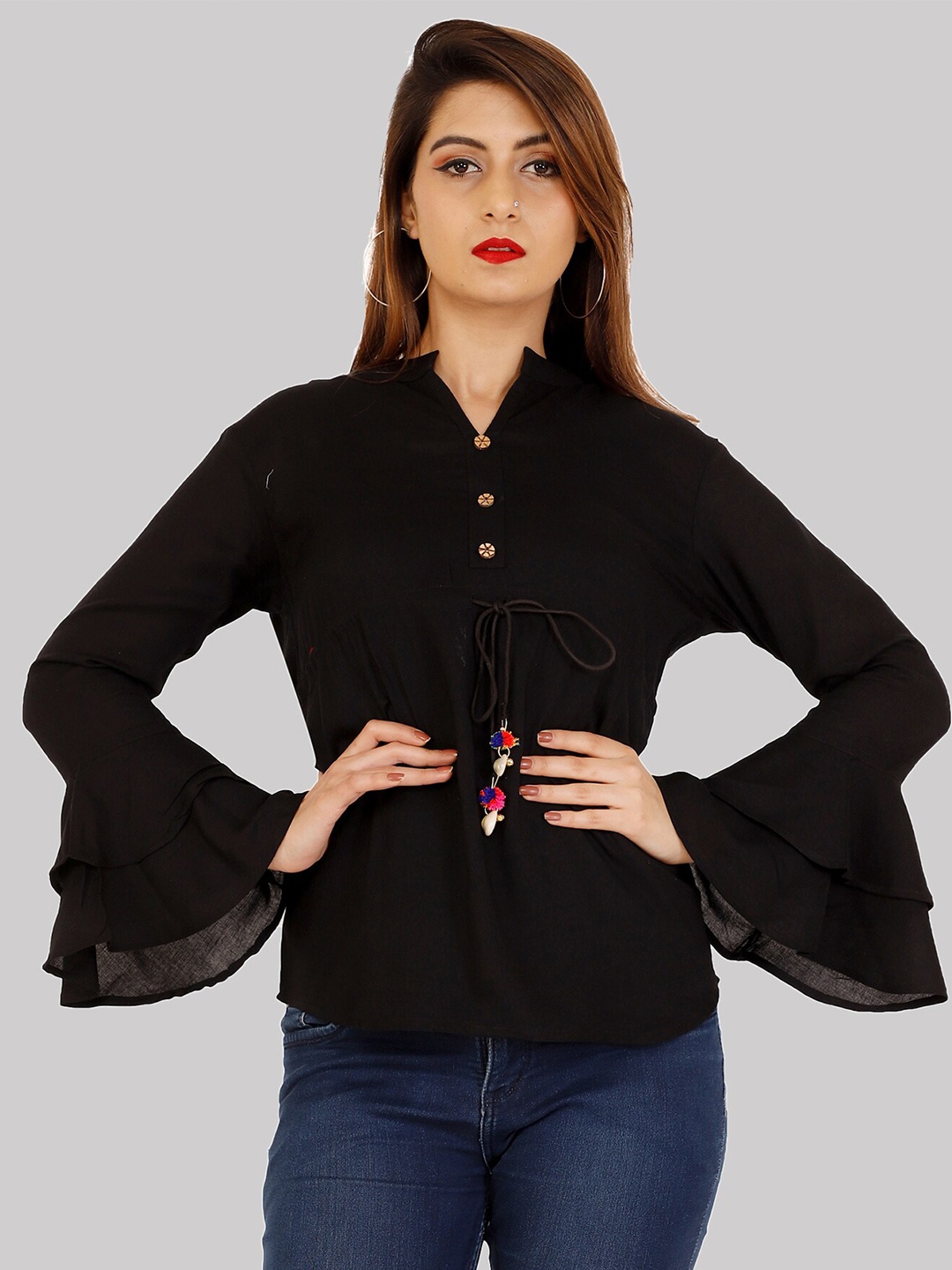 

Fab Star Black Solid Mandarin Collar Empire Top