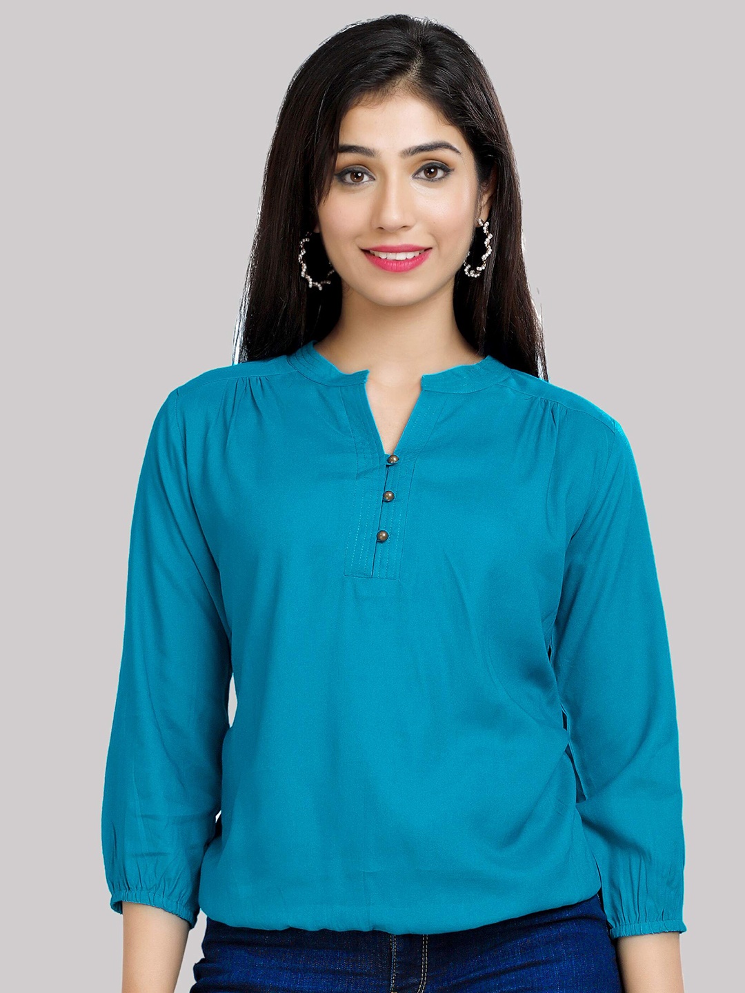 

Fab Star Blue Mandarin Collar Top