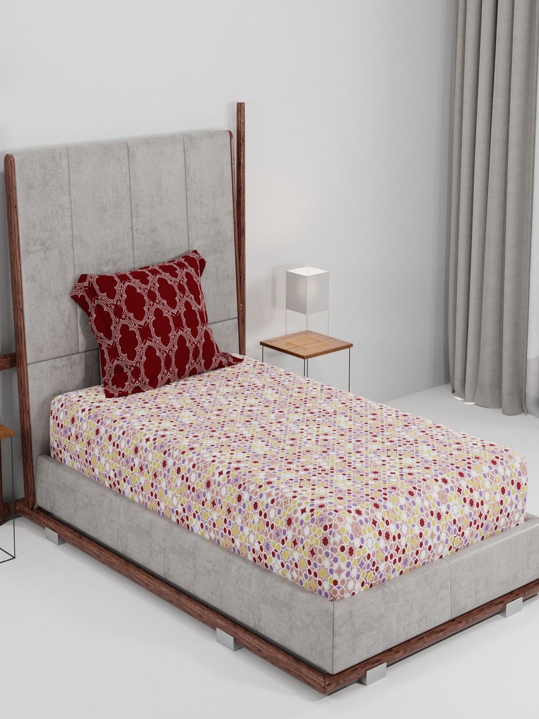 

MYTRIDENT Red Off White Geometric 144 TC Single Bedsheet with 1 Pillow Covers