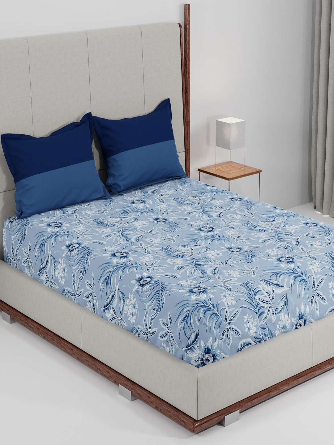 

Trident Blue & Off White Floral Cotton 144 TC Queen Bedsheet with 2 Pillow Covers