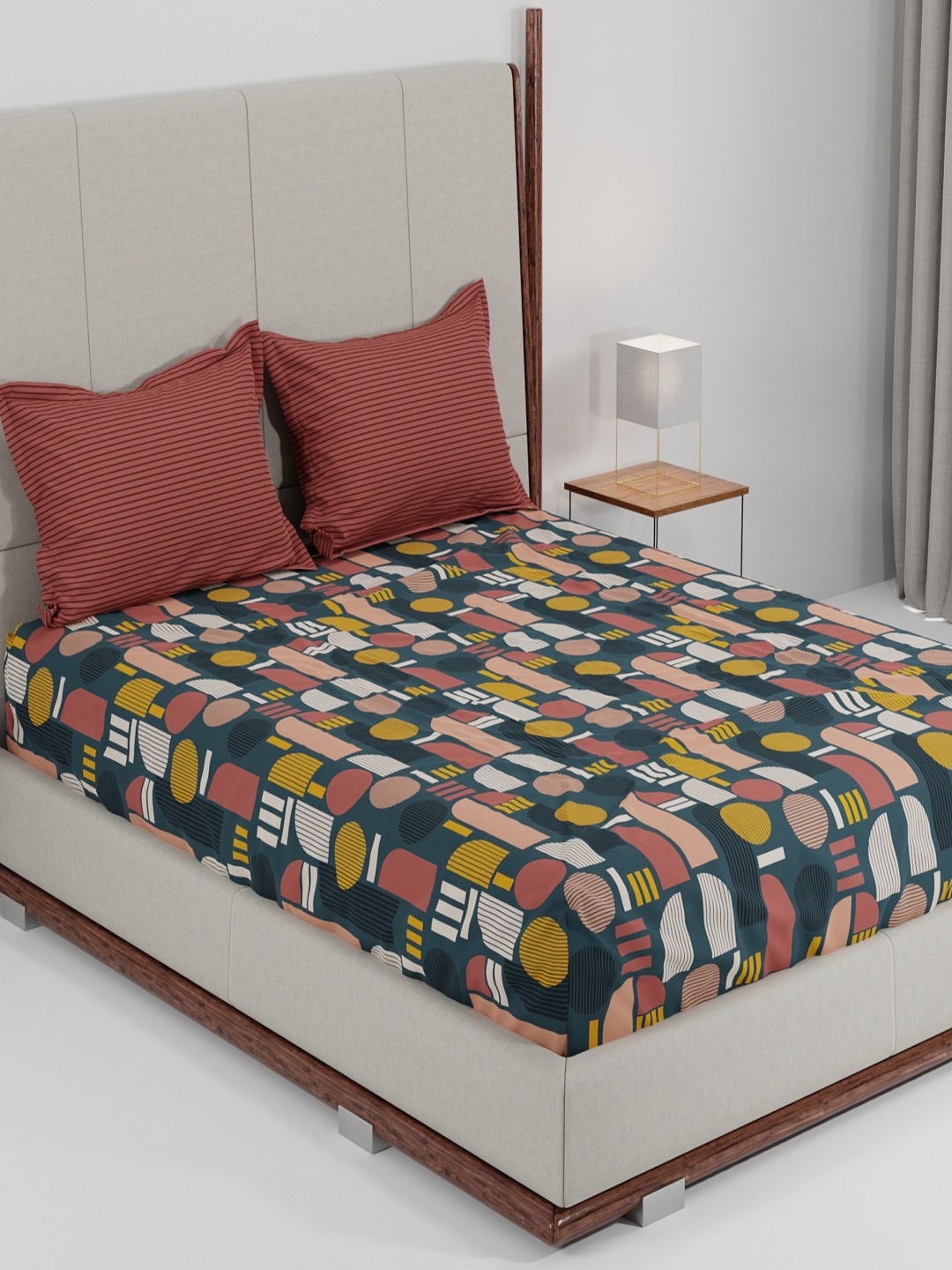 

MYTRIDENT Red Teal Geometric 144 TC Queen Bedsheet with 2 Pillow Covers