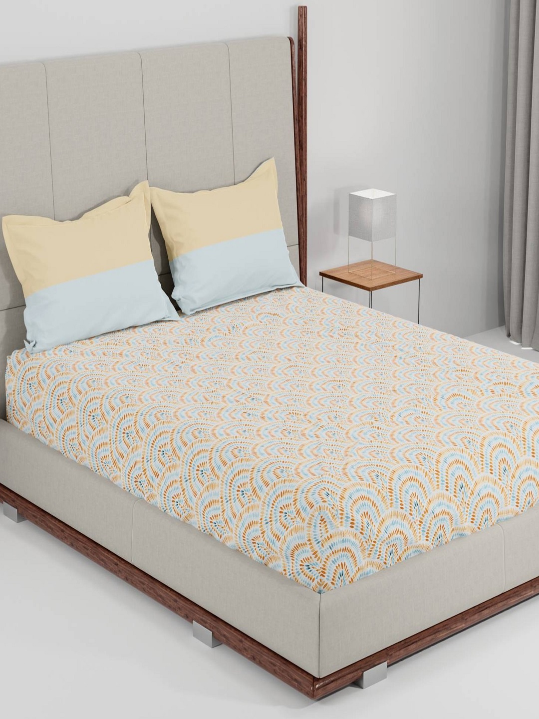 

MYTRIDENT Yellow Blue Geometric 144 TC Queen Bedsheet with 2 Pillow Covers