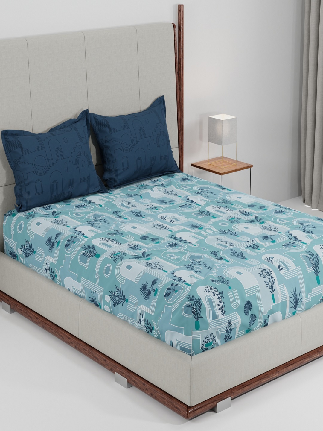 

Trident Blue & Off White Geometric 144 TC Queen Bedsheet with 2 Pillow Covers