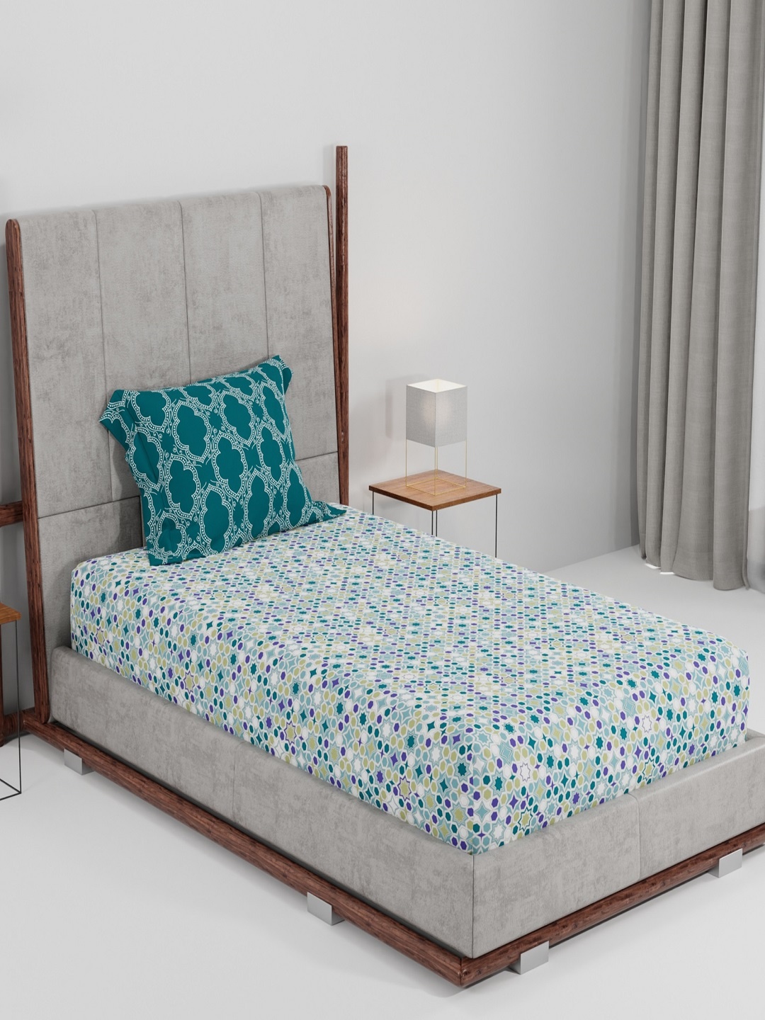 

Trident Teal Blue & Off White Geometric 144 TC Single Bedsheet with 1 Pillow Cover