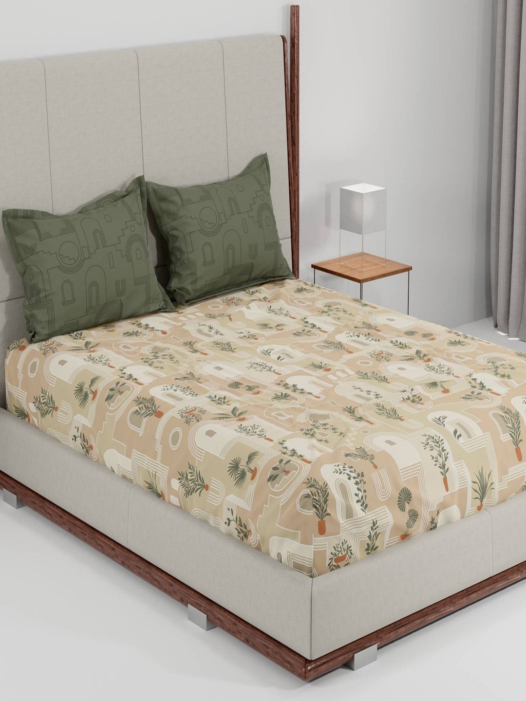 

MYTRIDENT Cream-Coloured White Geometric 144 TC Queen Bedsheet with 2 Pillow Covers