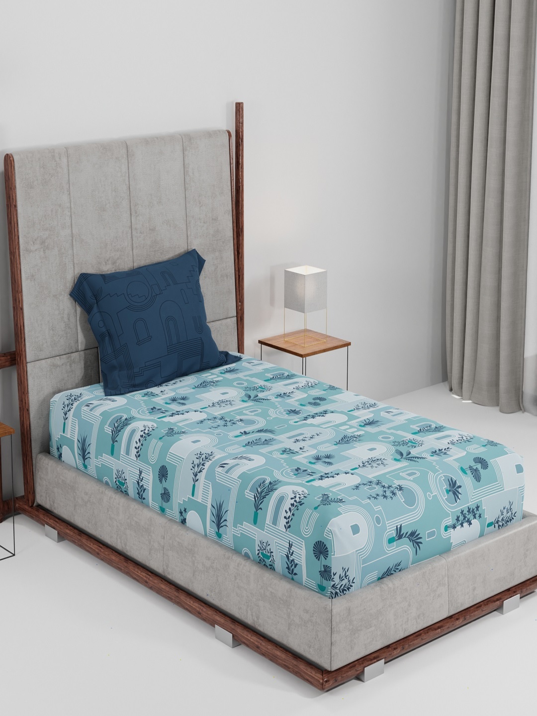 

MYTRIDENT Blue Off White Floral 144 TC Cotton Single Bedsheet with 1 Pillow Covers