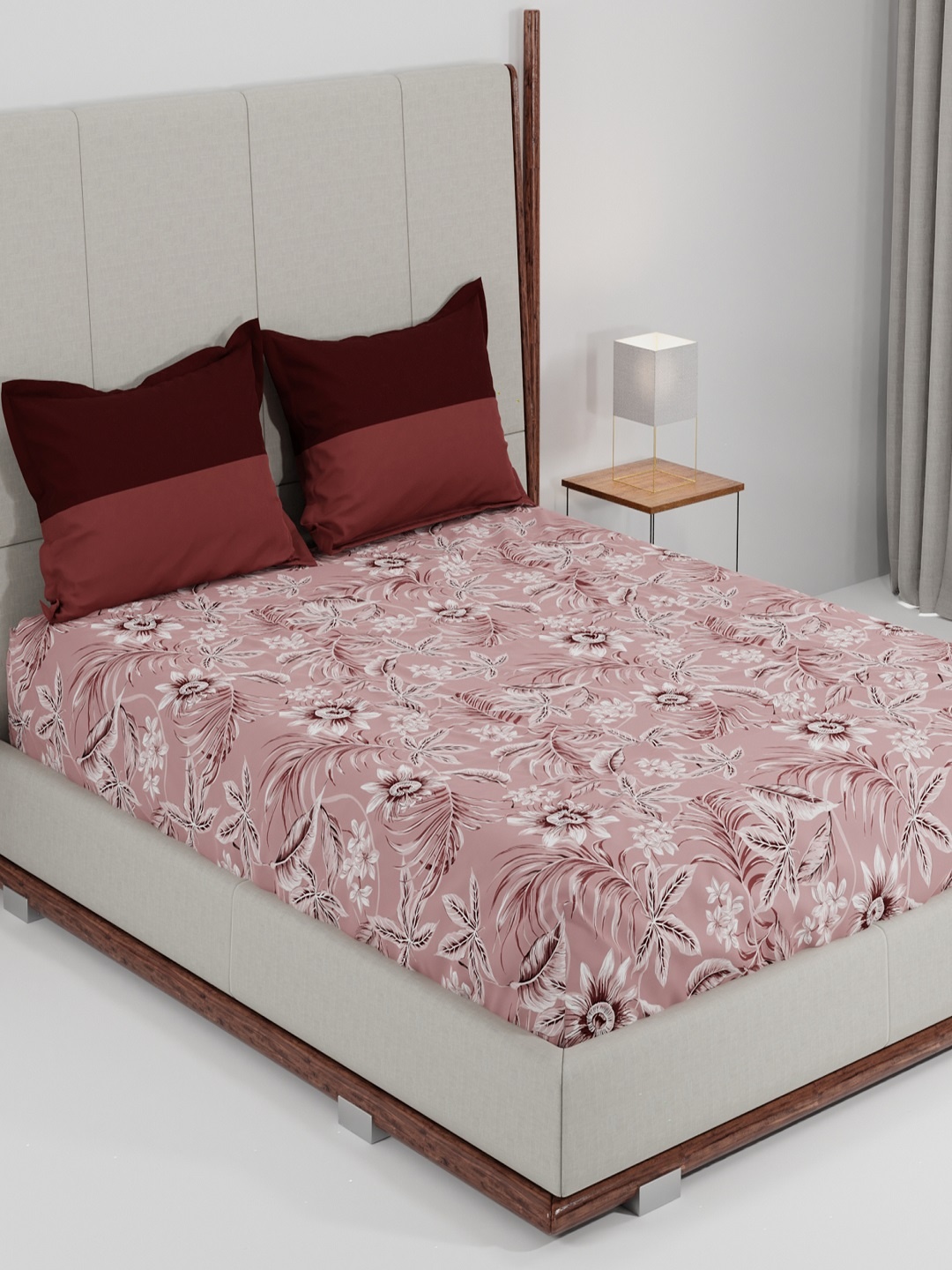 

MYTRIDENT Unisex Red Off White Floral 144 TC Cotton Queen Bedsheet with 2 Pillow Covers