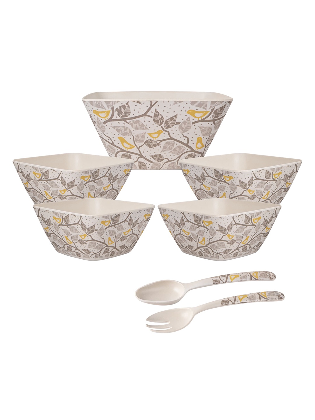 

earthism Grey & Beige 7 Pieces Floral Printed Bamboo Matte Bowls