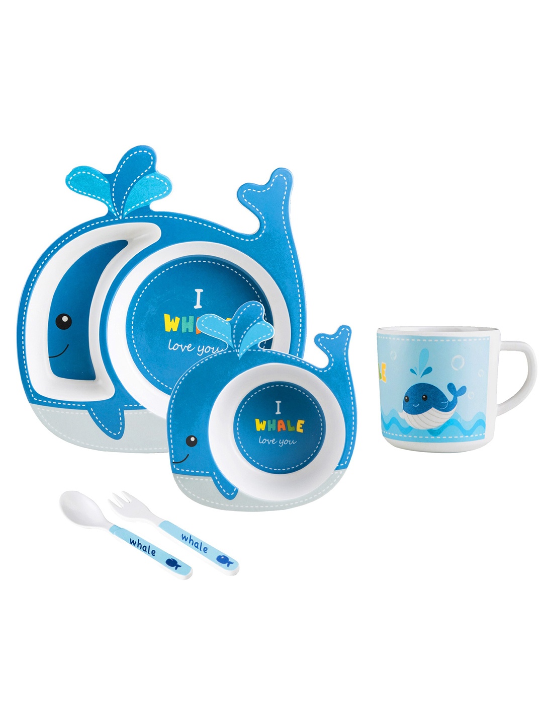 

earthism Blue & Off White 5 Pieces Printed Bamboo Matte Dinner Set