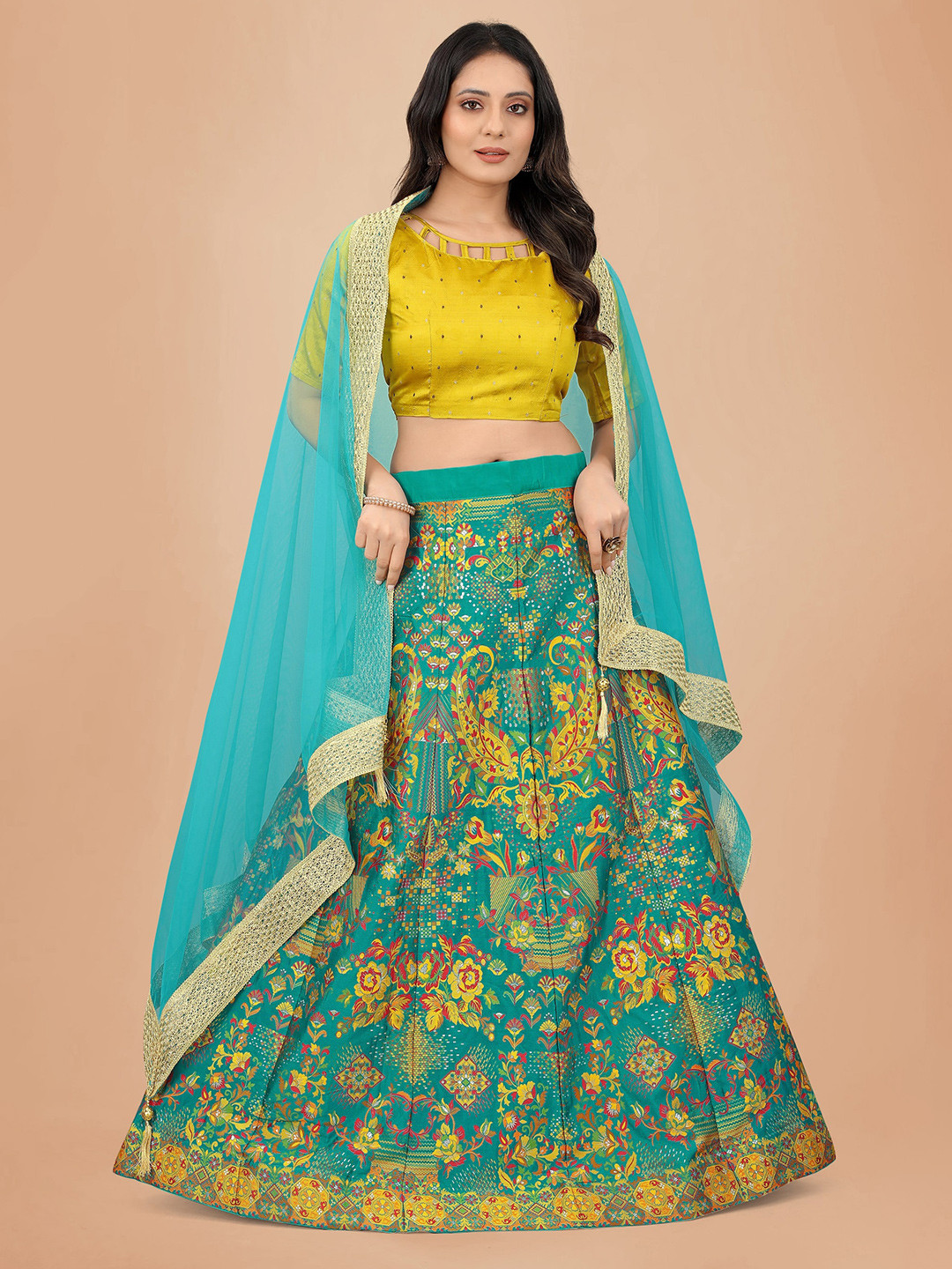

DEETYA ARTS Sea Green & Yellow Embellished Semi-Stitched Lehenga & Unstitched Blouse With Dupatta