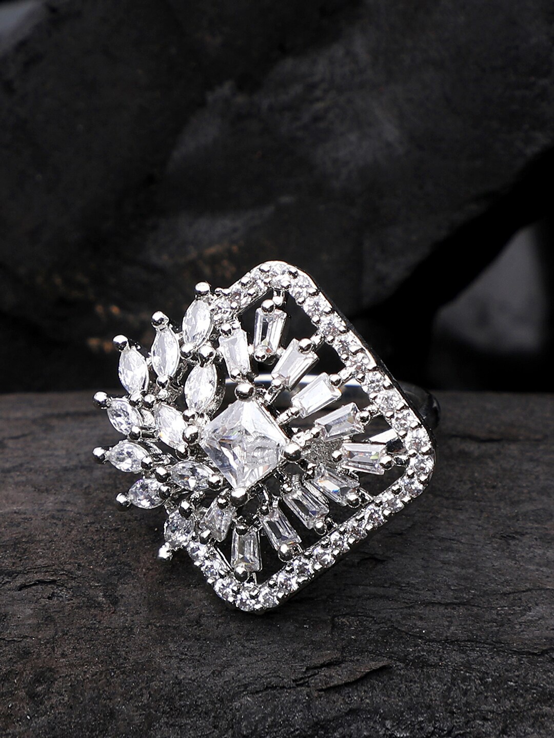 

Bhana Fashion Rose Gold-Plated White AD-Studded Adjustable Finger Ring, Silver