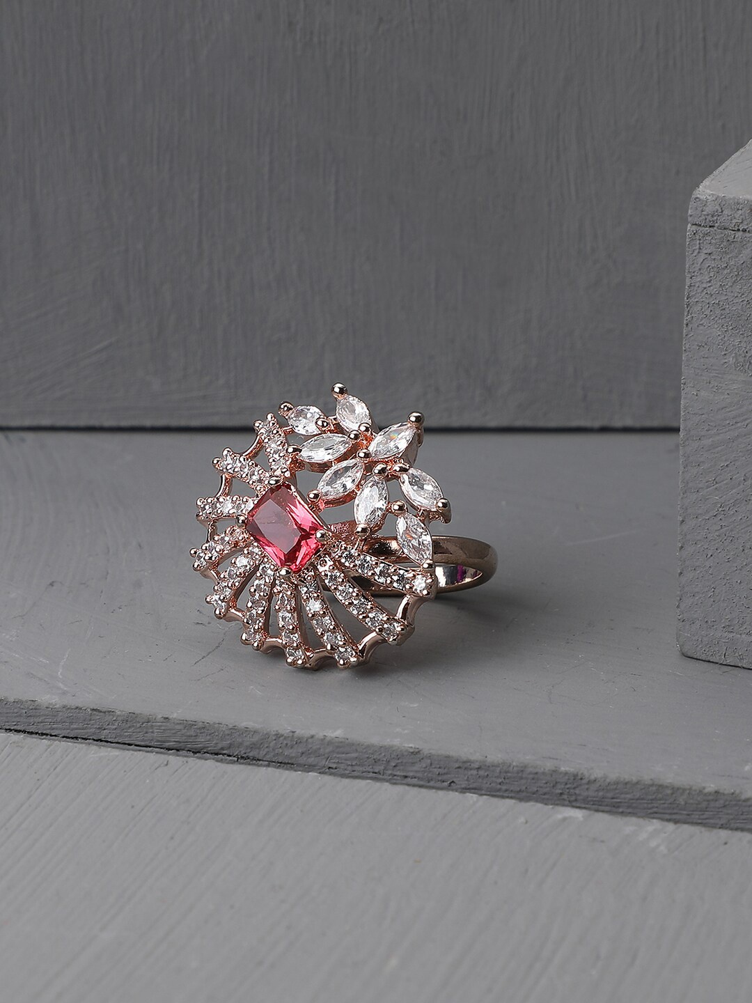 

Bhana Fashion Gold-Plated Magenta Pink & White Ruby & AD-Studded Adjustable Finger Ring