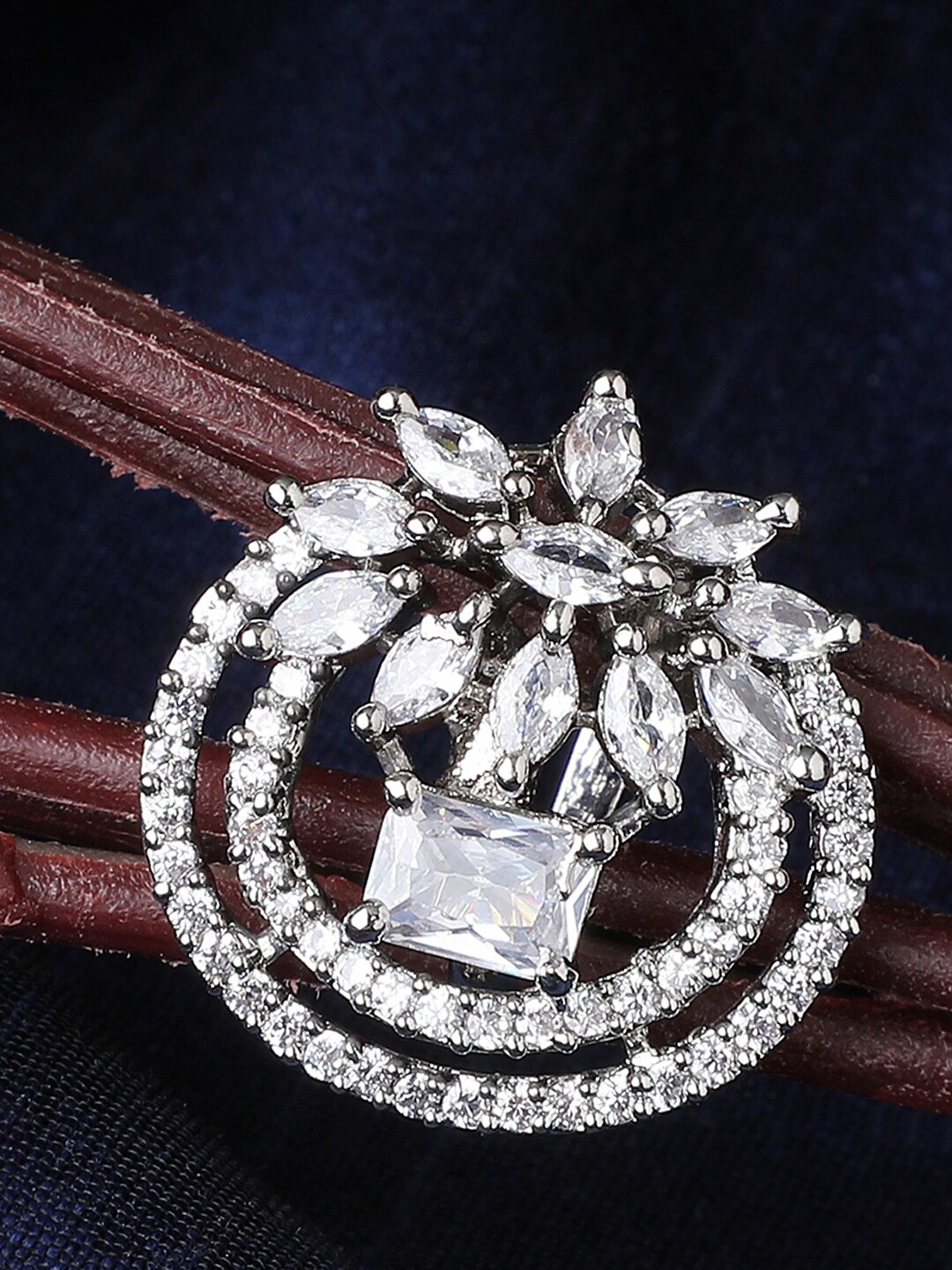 

Bhana Fashion Silver-Plated White AD-Studded Adjustable Finger Ring