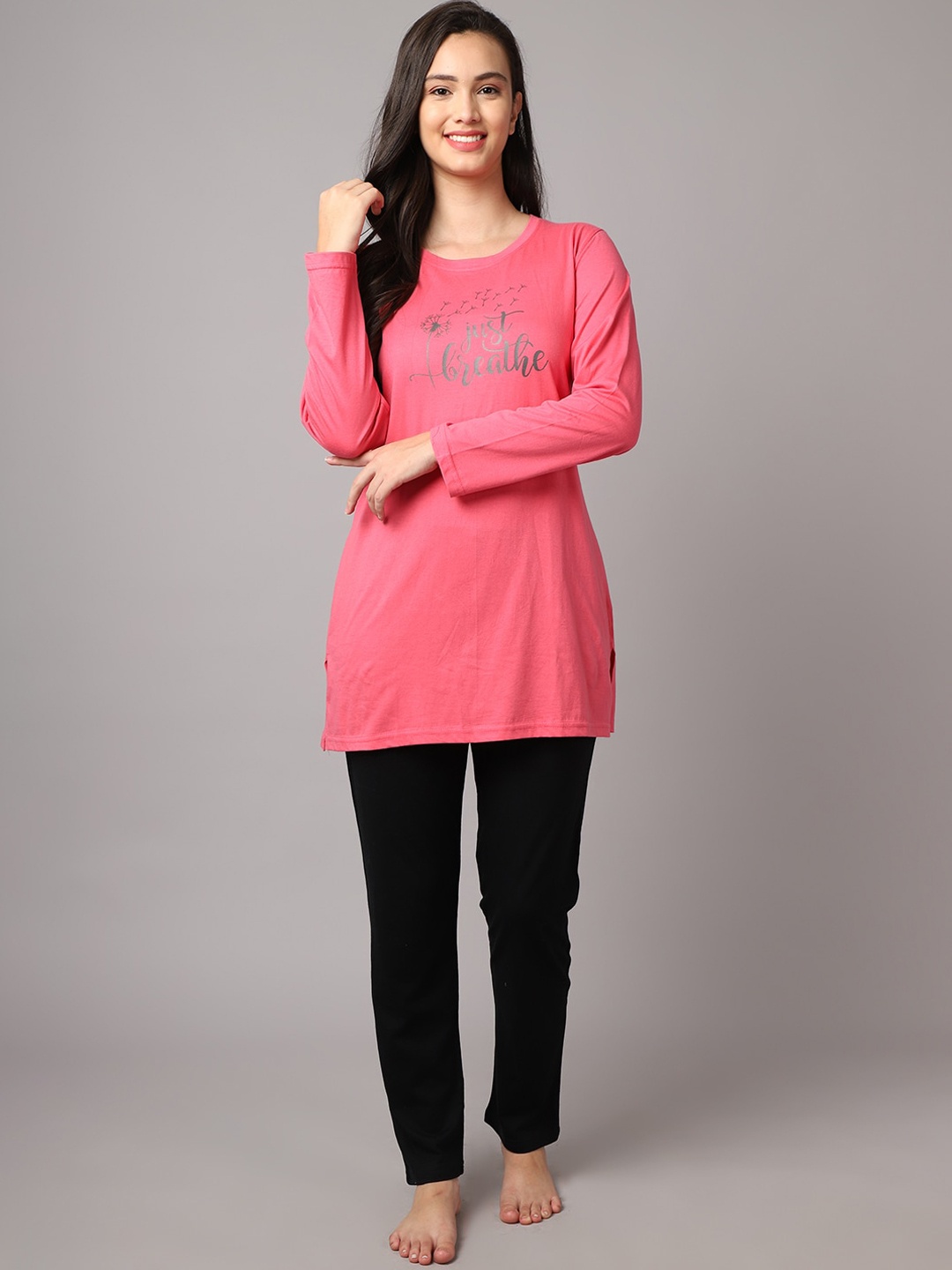 

Kanvin Women Pink & Black Printed Cotton Blend Night suit