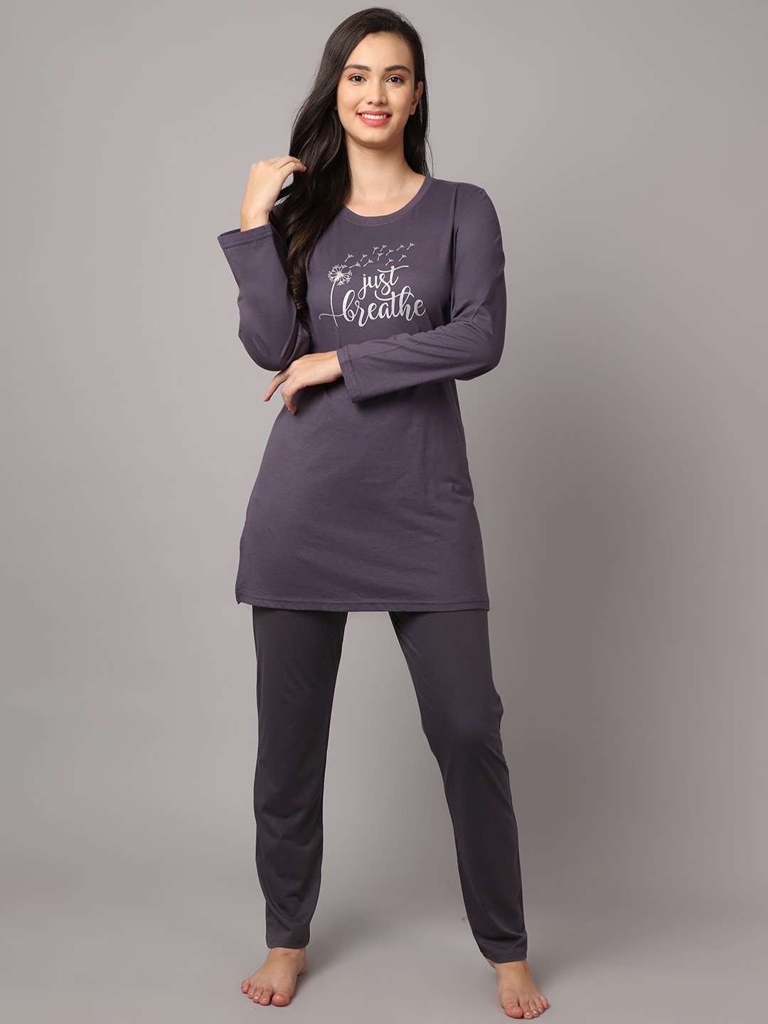 

Kanvin Women Purple & White Cotton Blend Night suit