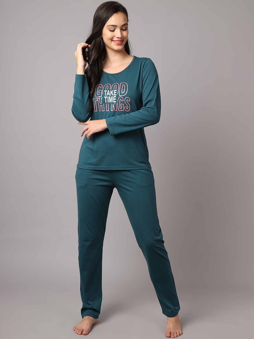

Kanvin Women Teal Printed Cotton Blend Night suit