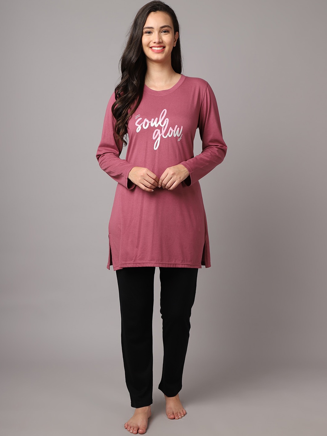 

Kanvin Women Pink & Black Printed Cotton Blend Night suit
