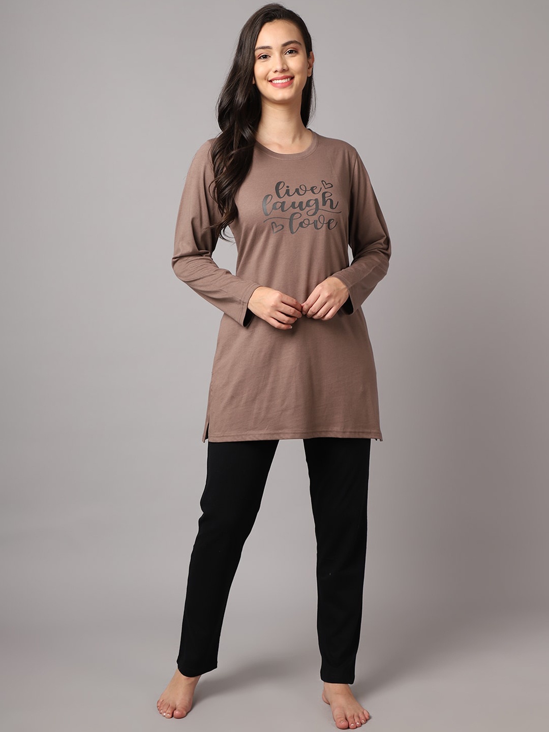 

Kanvin Women Camel Brown & Black Printed Night suit