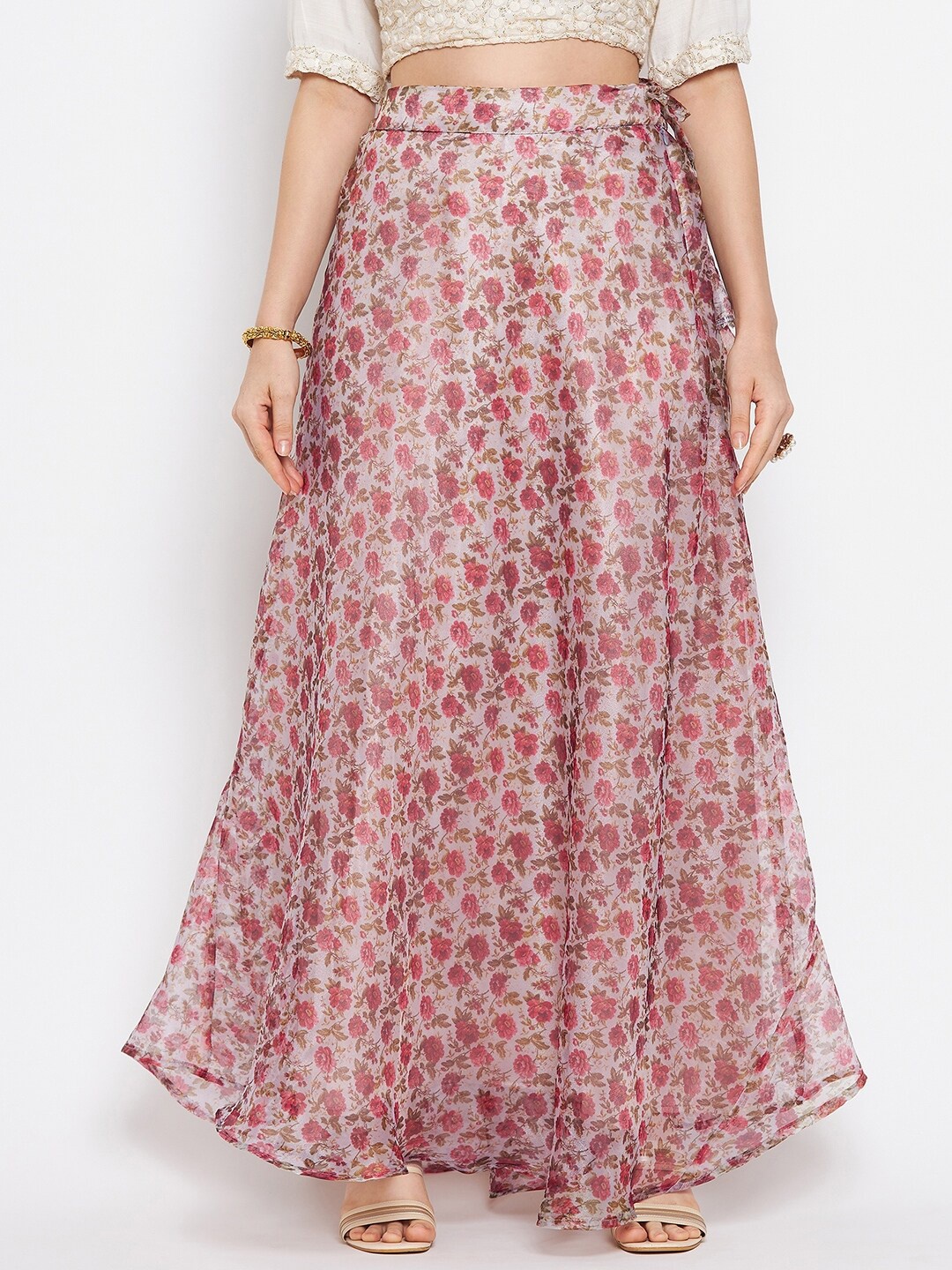 

Clora Creation Women White & Pink Floral Printed Flared Skirt