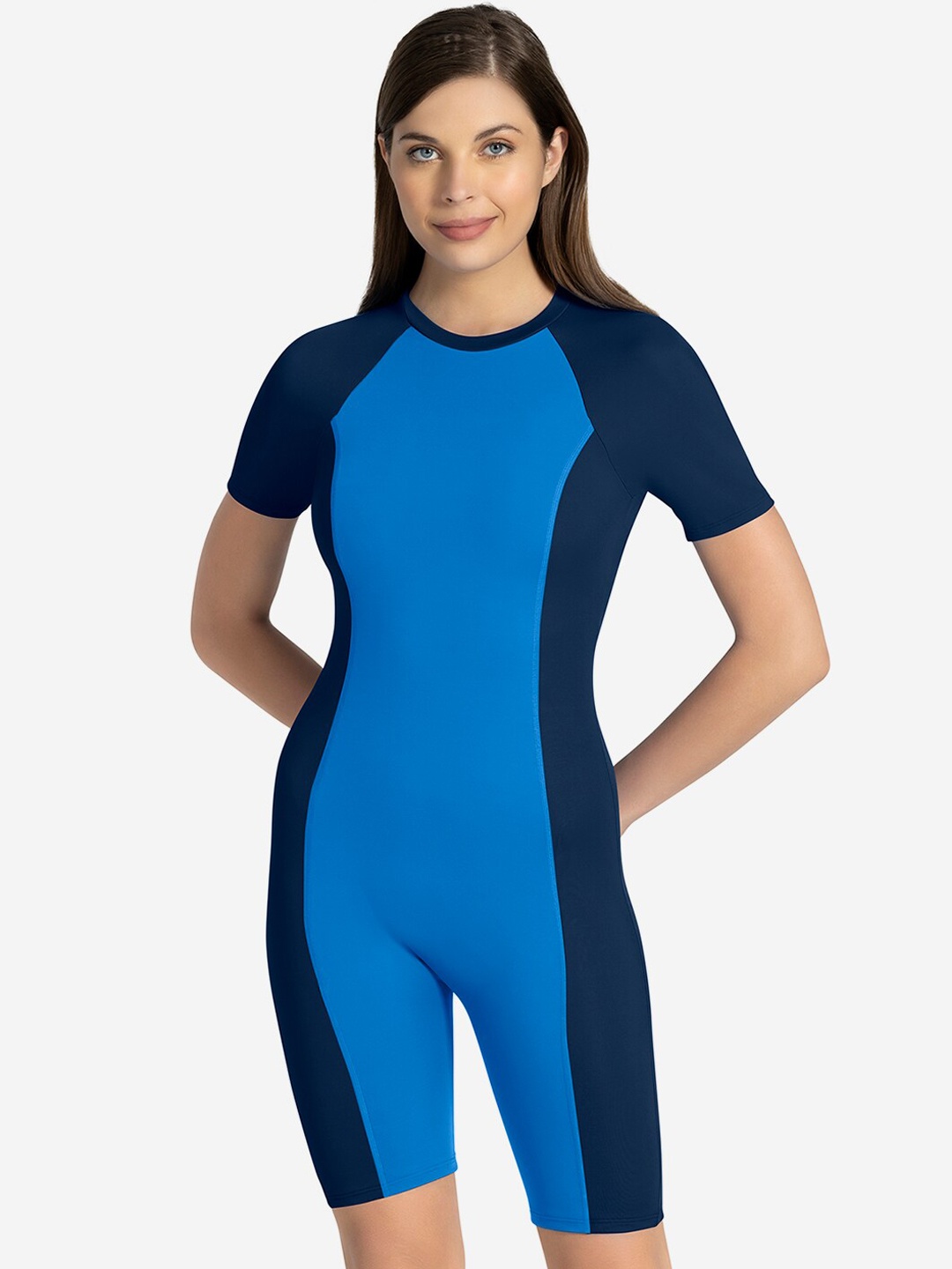 

Amante Blue Colourblocked One Piece Leg Suit Swimwear