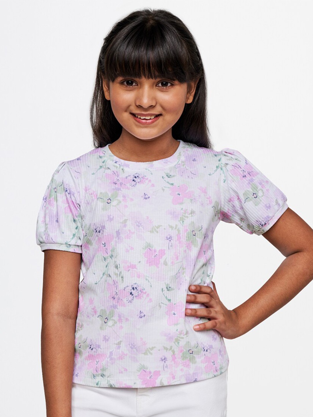 

AND Girls White & Pink Floral Print Top