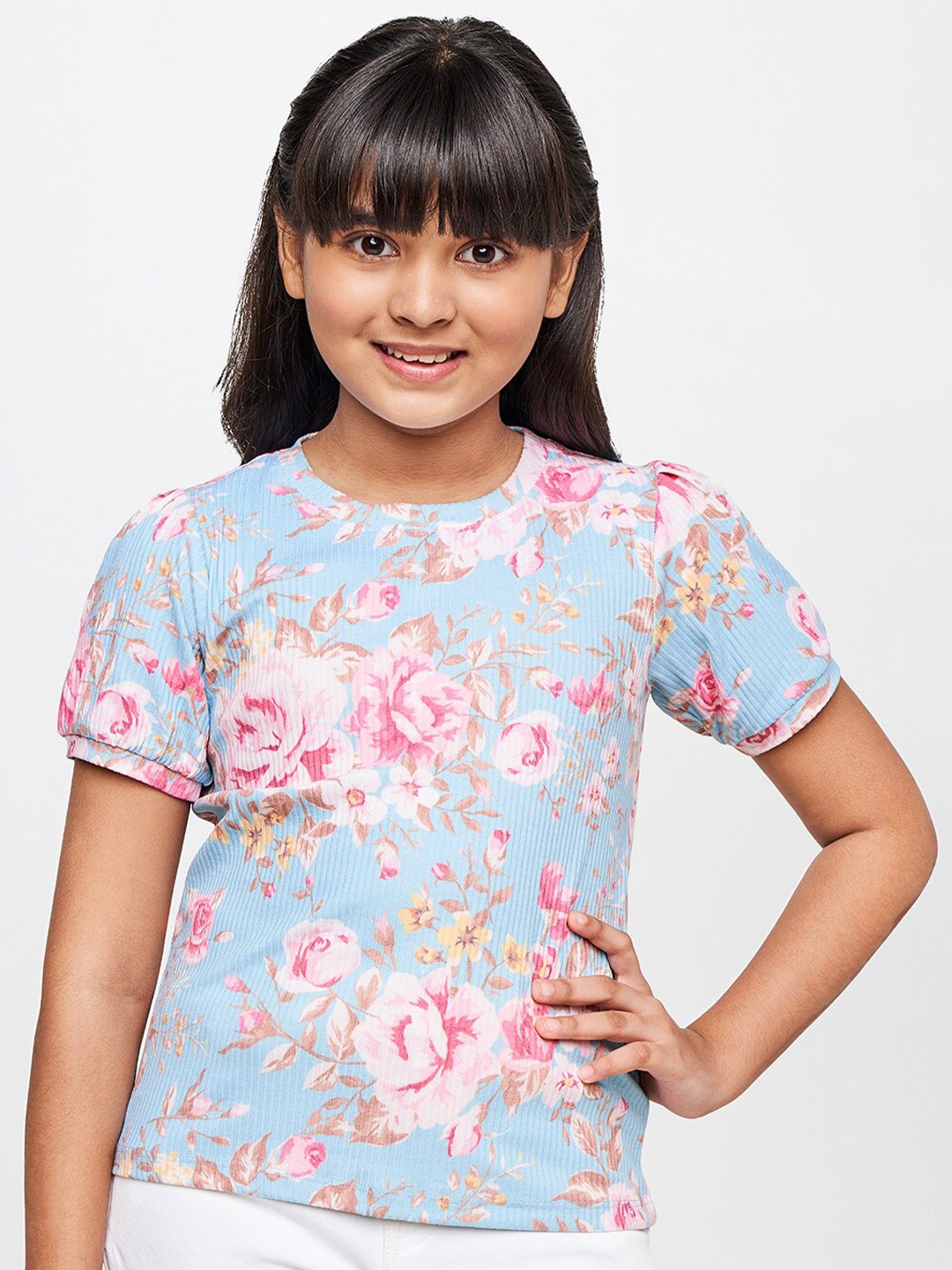 

AND Girls Blue & Pink Floral Print Top