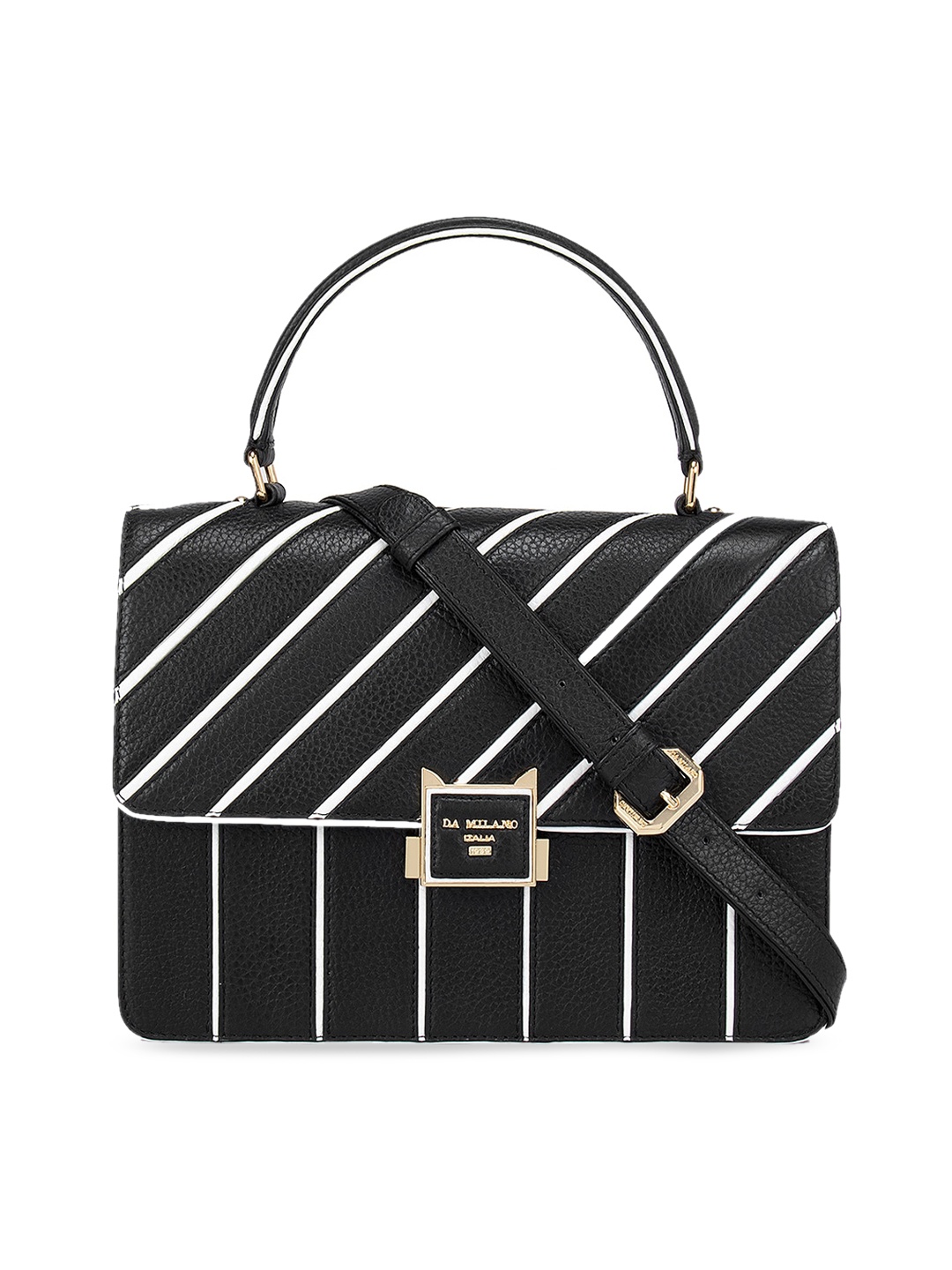 

Da Milano Women Black Striped Leather Structured Satchel