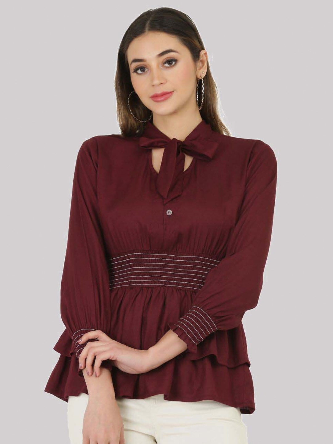 

SAAKAA Brown Tie-Up Neck Ruffles Peplum Top