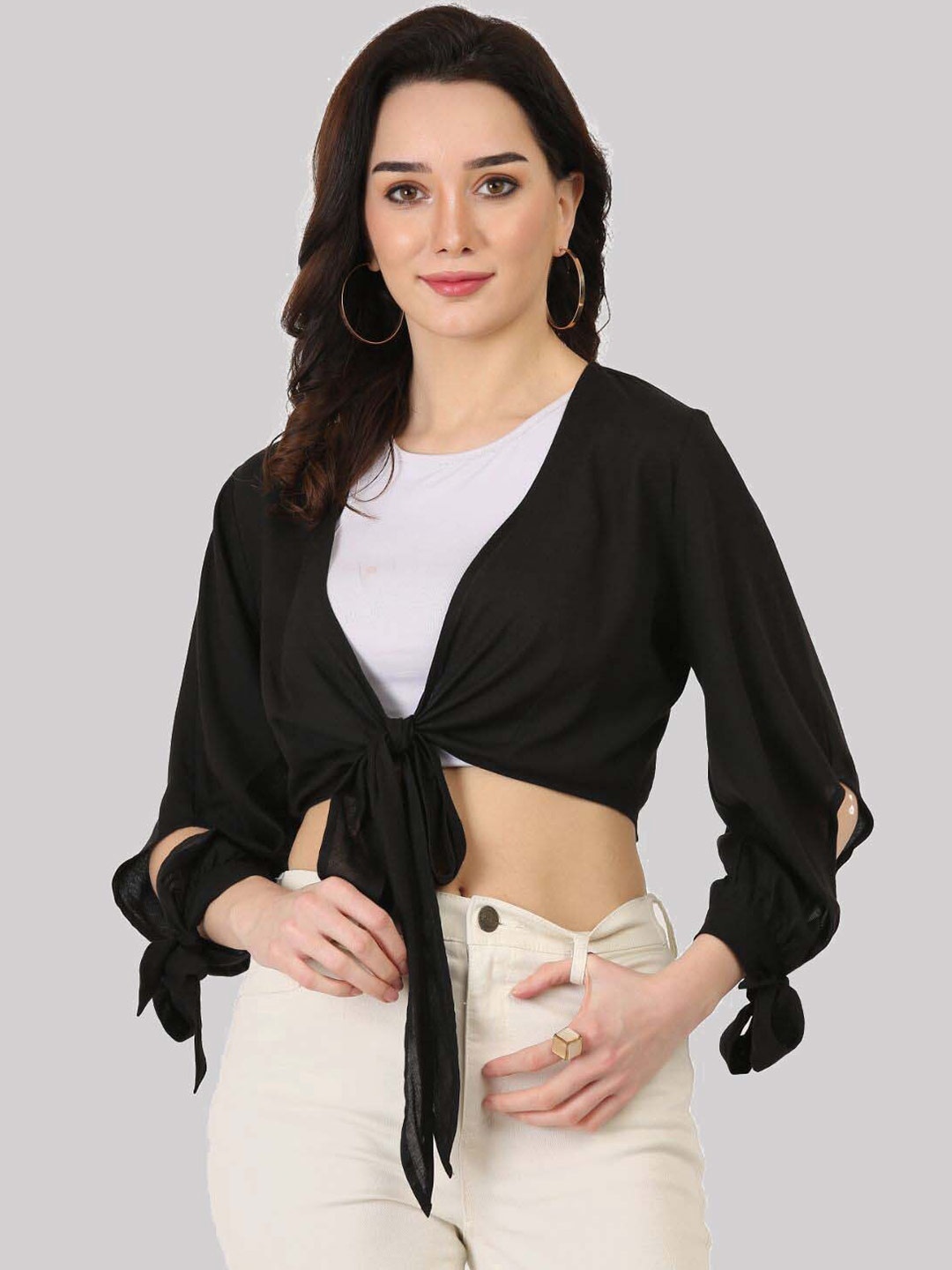 

SAAKAA Women Black & White Solid Shirt Style Crop Top