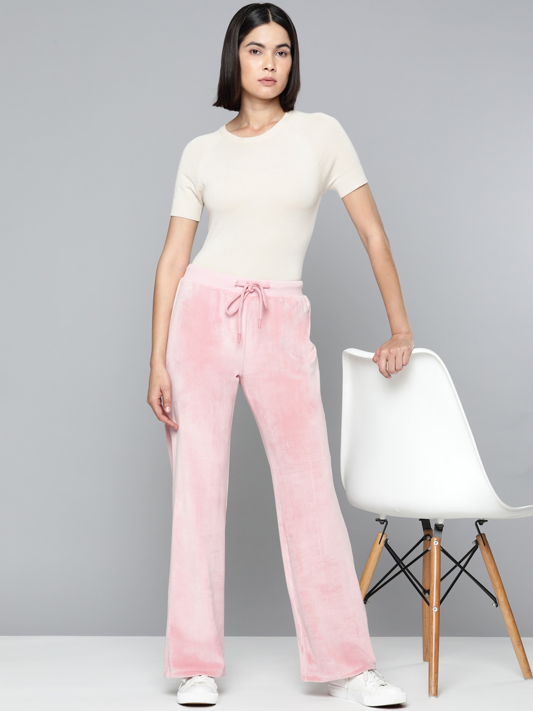 

ether Women Pink Velvet Finish Flared Track Pants