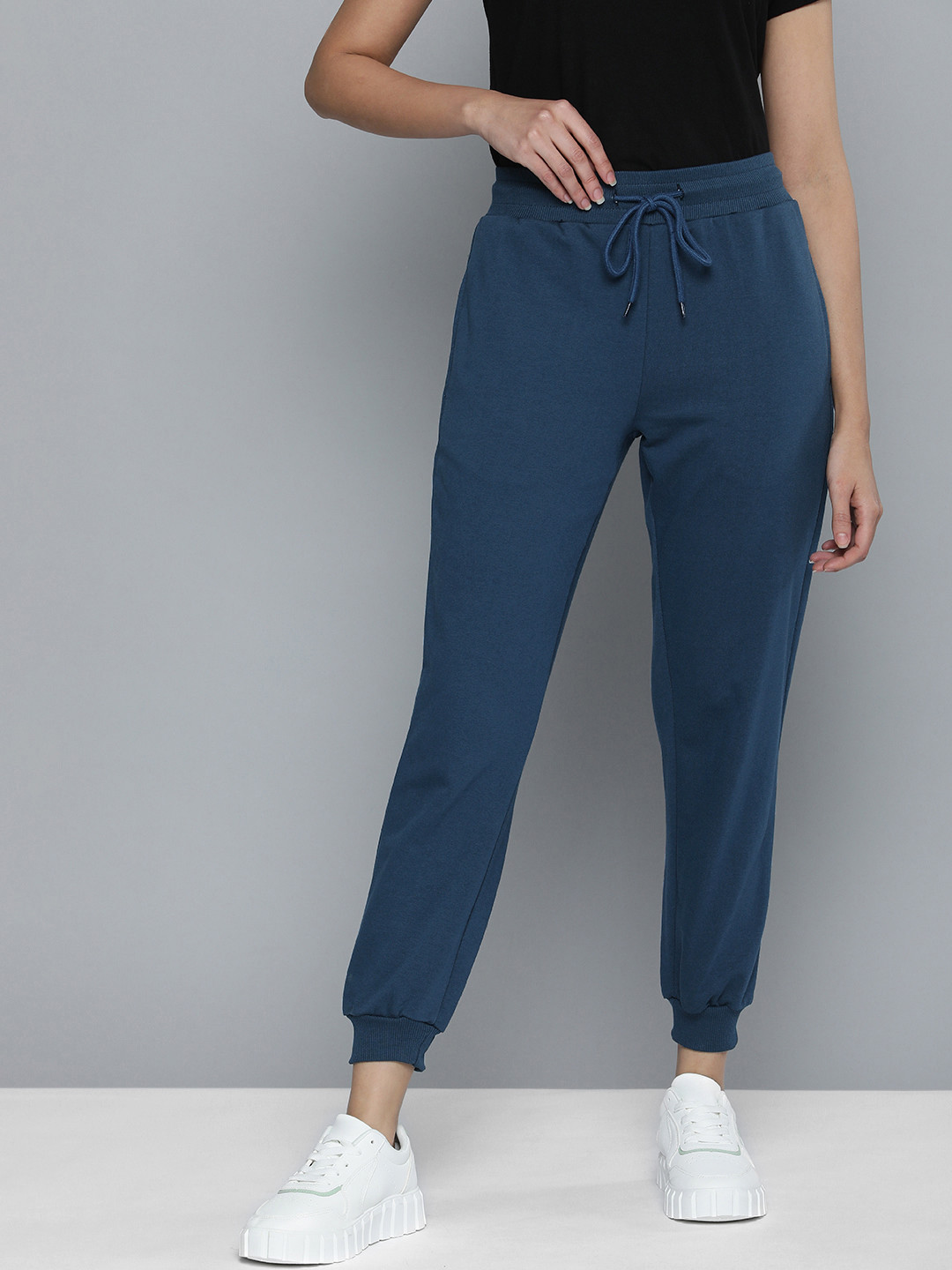 

Ether Women Dark Blue Black Solid Joggers Track Pants With Elasticated Drawcords